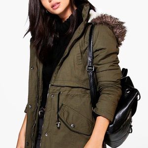 Boohoo Parka With Faux Fur Trim Hood